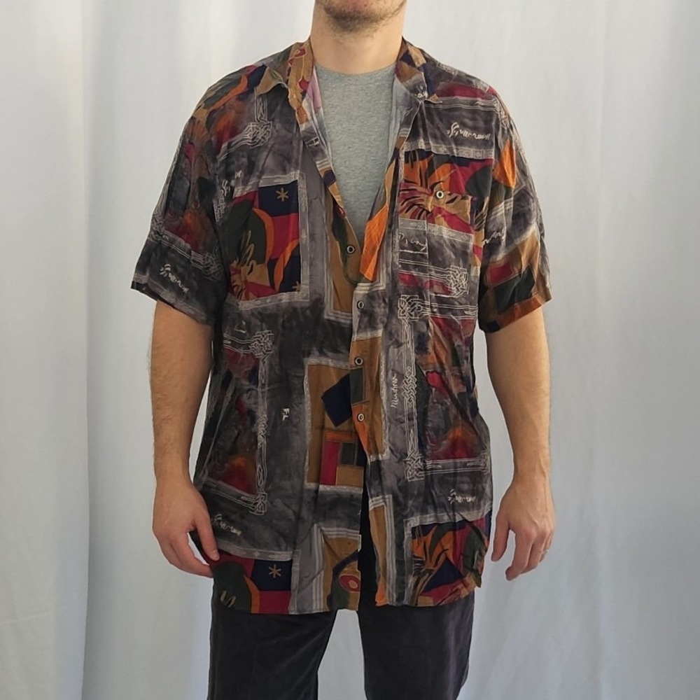 90s Gray Funky Rayon Short Sleeve‎ Button Down Shirt
